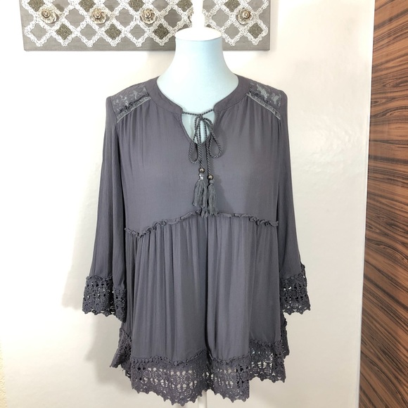 Knox Rose Tops - Knox Rose Boho Top Lace Tie Neck Bell Sleeve, L